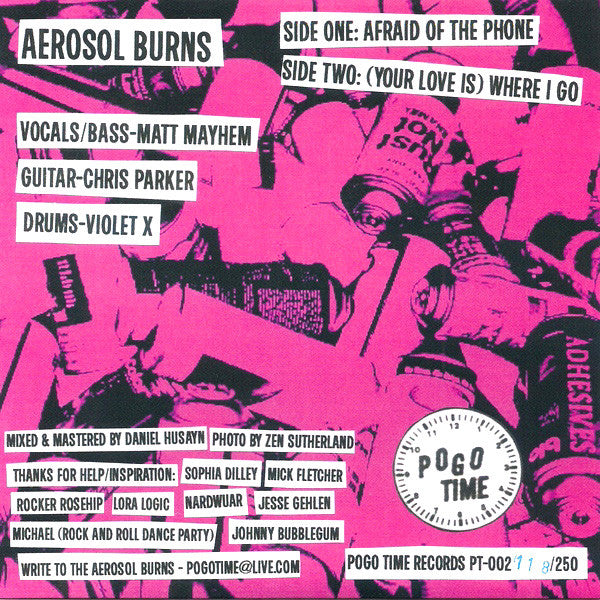 Aerosol Burns- Afraid Of The Phone 7" ~PINK BACK COVER LTD TO 125! - Pogo Time - Dead Beat Records - 1